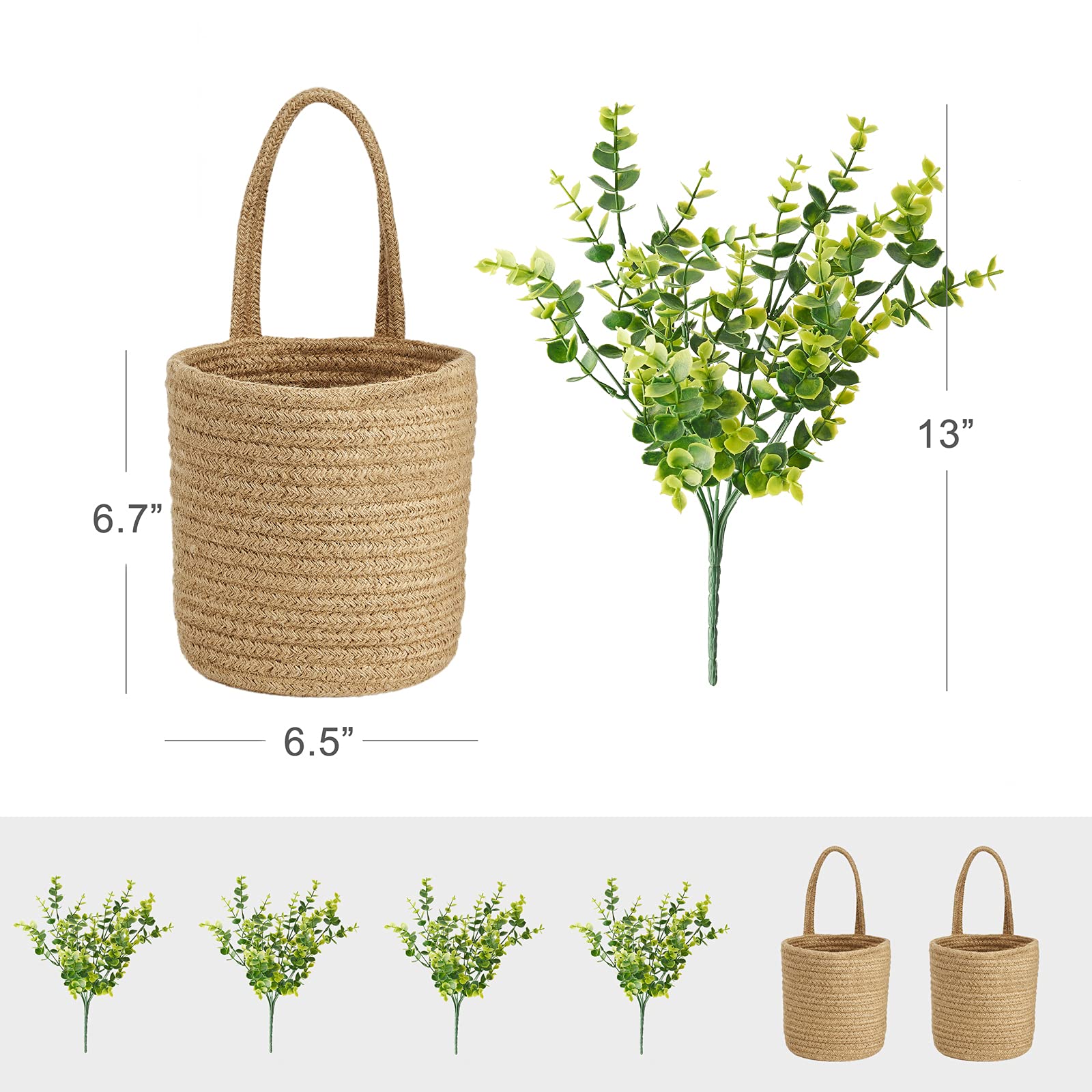 Dahey 2 Pack Wall Hanging Rope Basket With Artificial Eucalyptus Farmhouse Decor, Jute Woven Storage Organizer Flower Plants Bas
