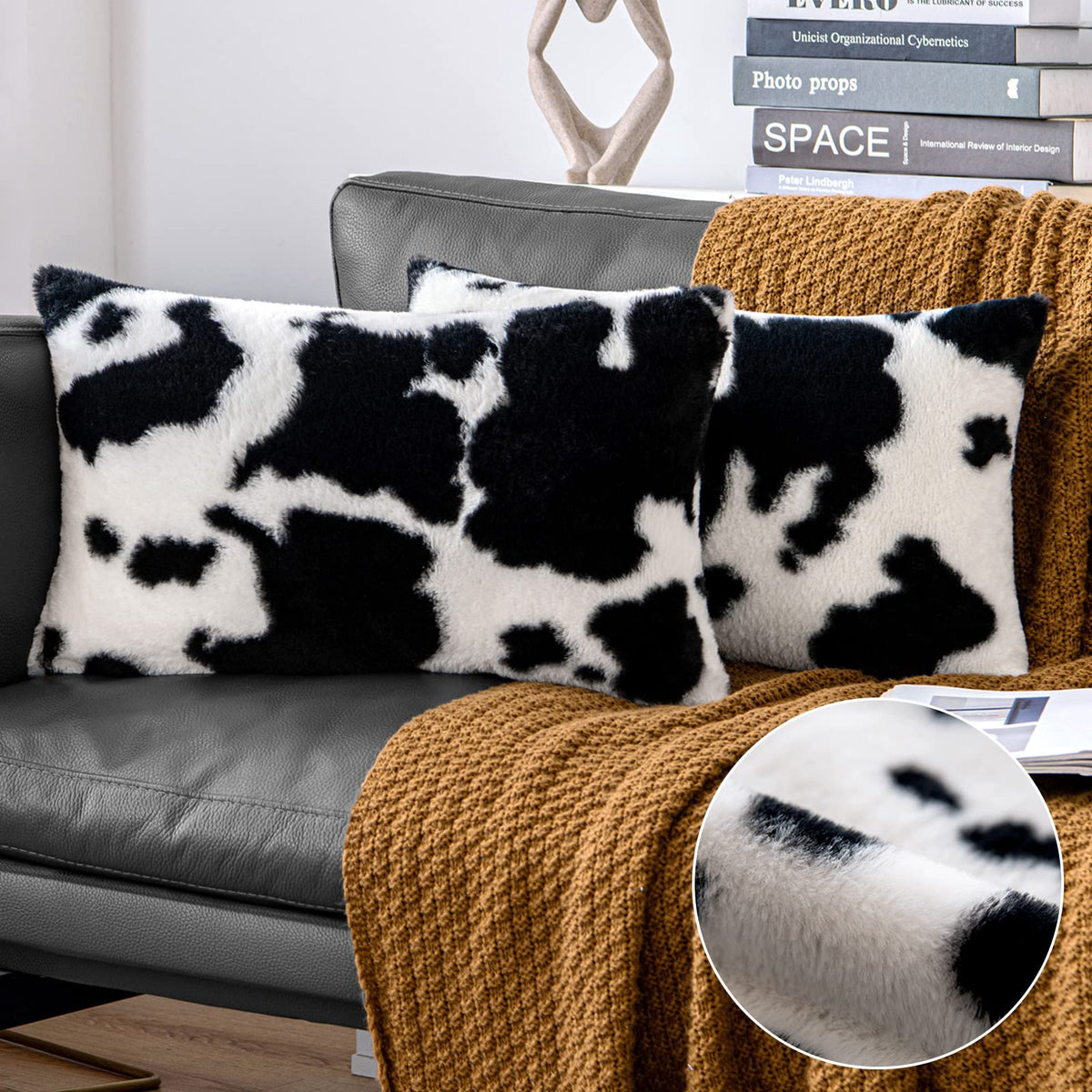 Woaboy Pack Of 2 Luxury Faux Fur Throw Pillow Covers Western Decor Cowhide Decorative Soft Brindle Fluffy Plush Couch Pillow Covers Living Sofa Bedroom 12X20 Inch, Black White