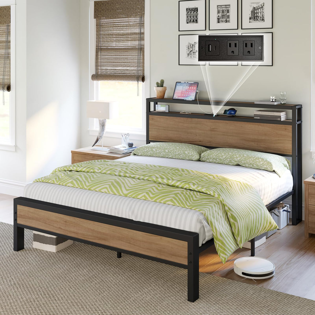Luxoak Queen Size Bed Frame, Platform Bed Frame With 2-Tier Storage Headboard And Charging Station/No Box Spring Needed/Noise Free/Industrial/Light Brown