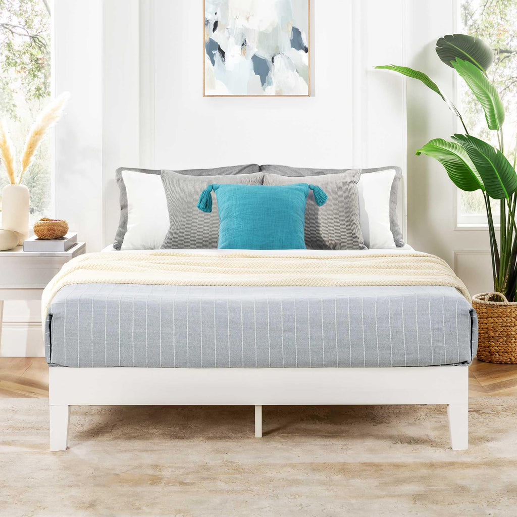 Mellow Naturalista Grand 12 Inch Solid Wood Platform Bed With Wooden Slats, Easy Assembly, Queen, White