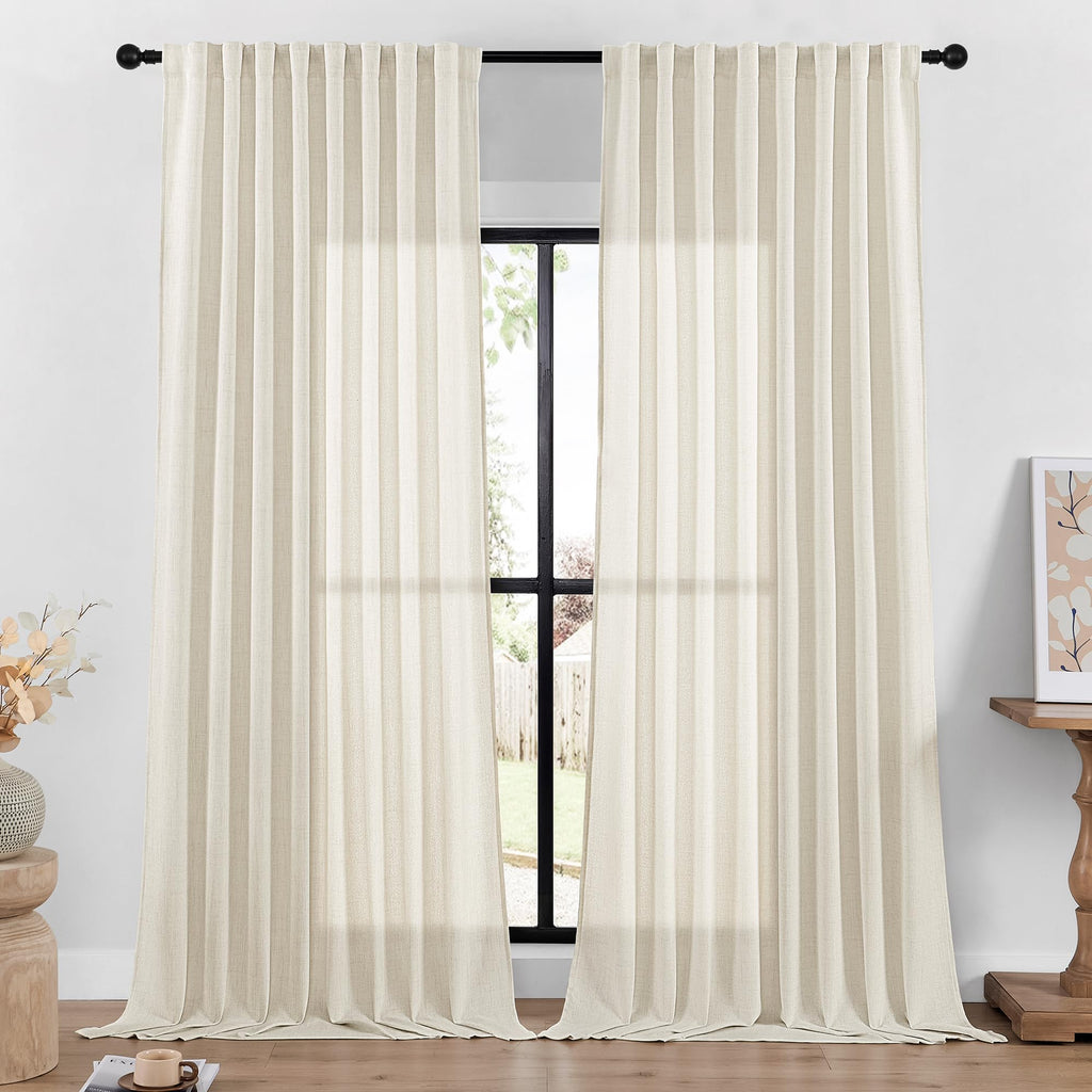 DaysU Linen Curtains 108 Inches Long 2 Panels Set for Bedroom/Living Room, Ivory Semi Sheer Farmhouse Curtains, Rod Pocket Hook 