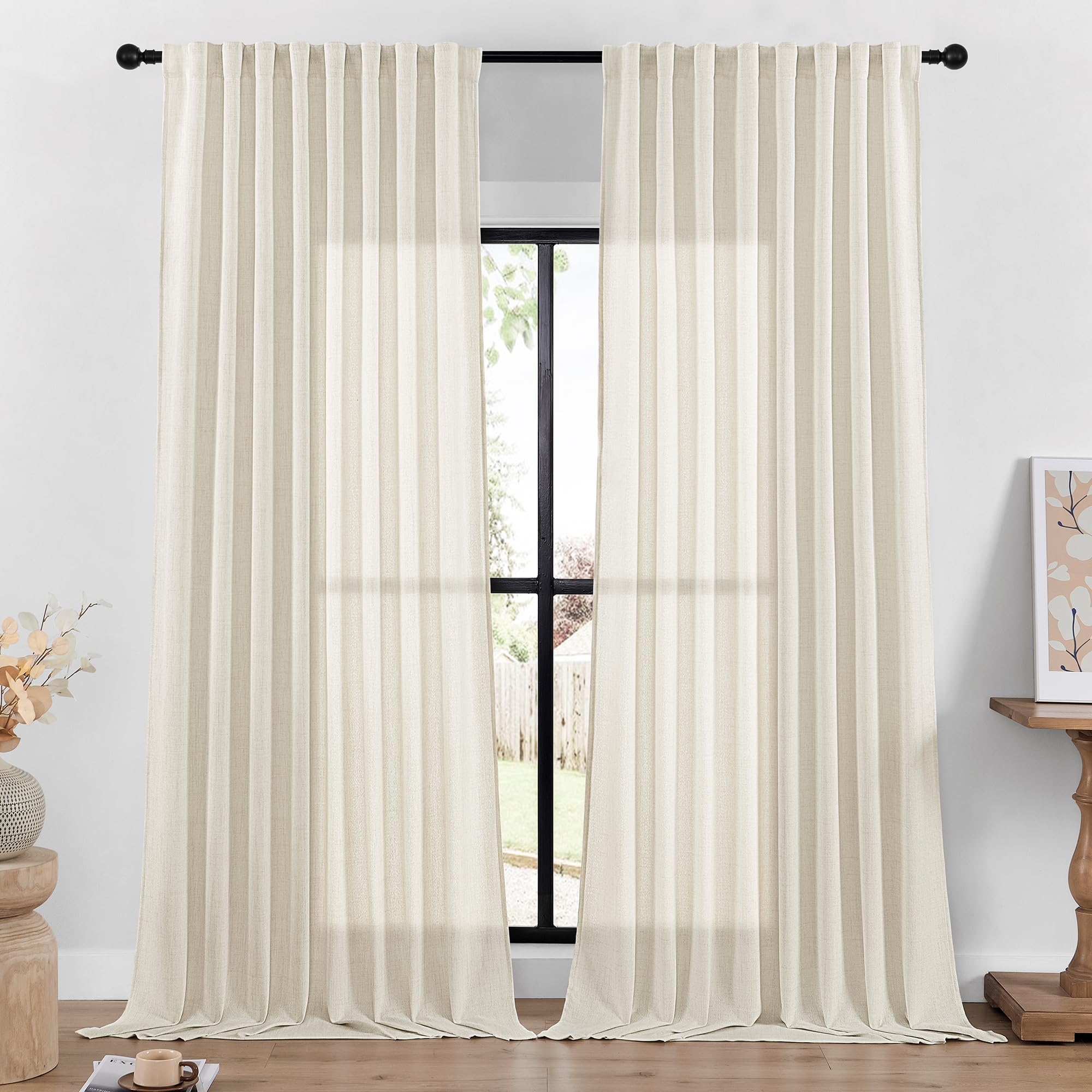 DaysU Linen Curtains 108 Inches Long 2 Panels Set for Bedroom/Living Room, Ivory Semi Sheer Farmhouse Curtains, Rod Pocket Hook 