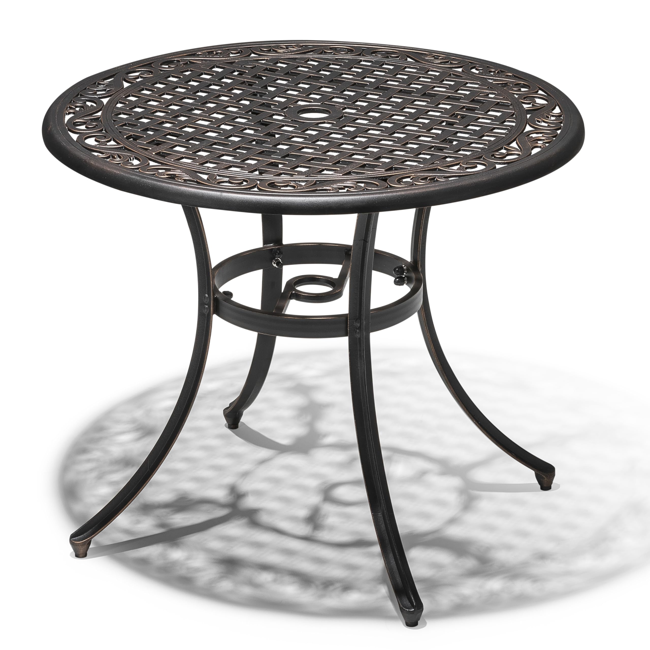 Nuu Garden 36 Inch Patio Dining Table With Umbrella Hole, Outdoor Cast Aluminum Bistro Table, Black With Antique Bronze At The Edge