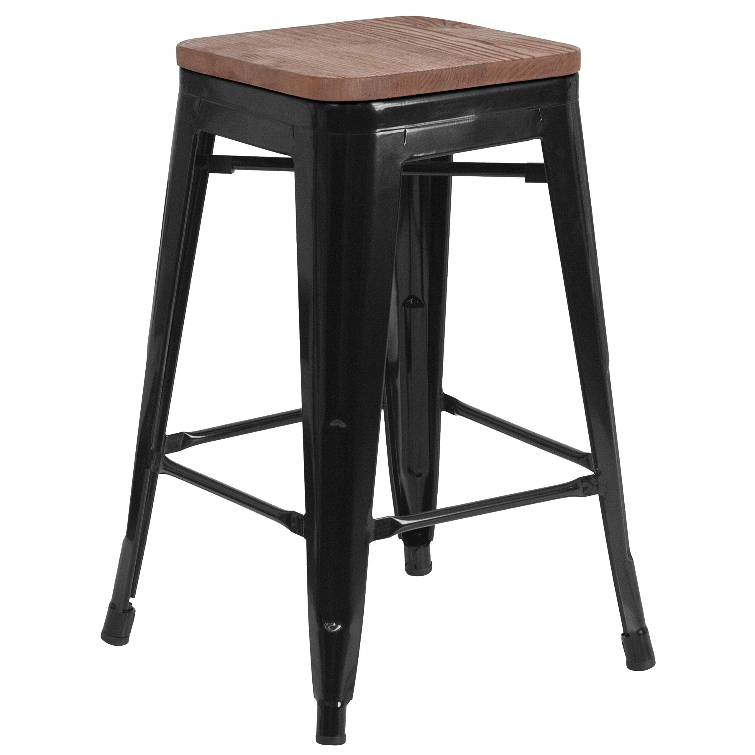 Flash Furniture Lily 24&quot; High Backless Black Metal Counter Height Stool With Square Wood Seat