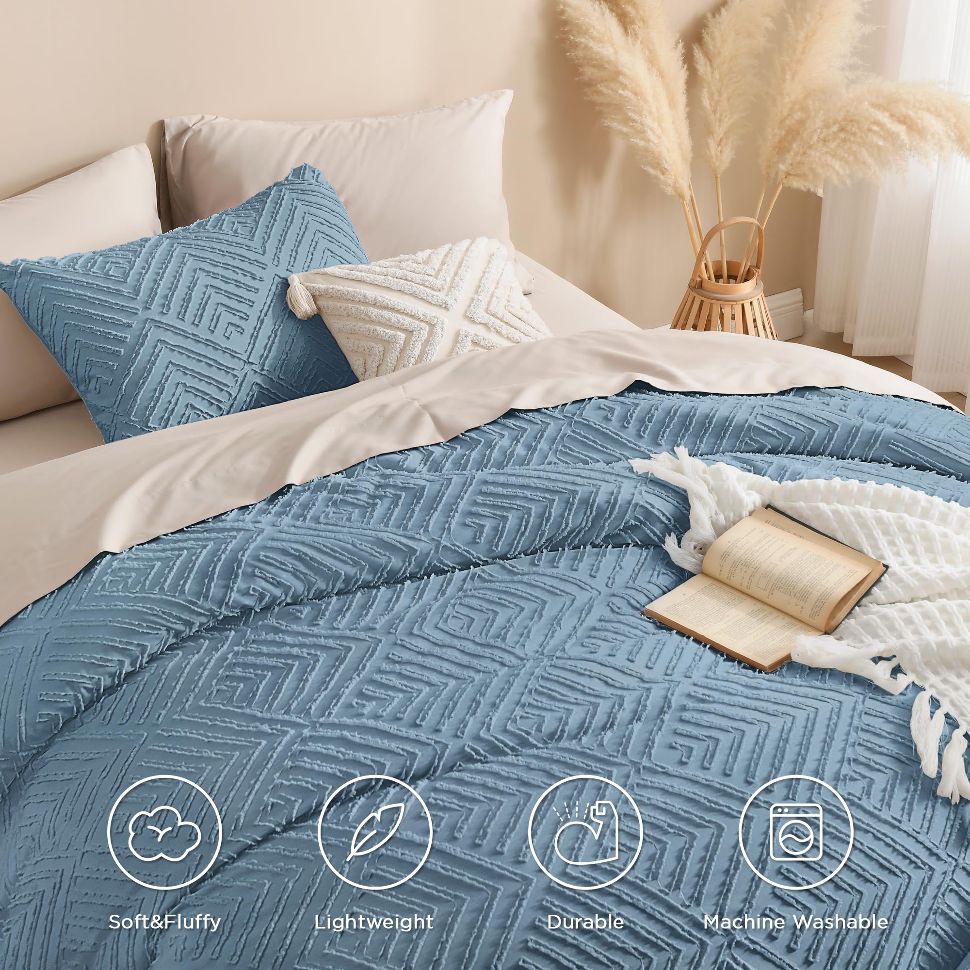 Andency Grayish Blue California King Comforter Set, 3 Pieces Grayish Blue Boho Bedding Set & Collections, Farmhouse Tufted Fluffy Bed Set For California King Bed (1 Comforter 104X96In, 2 Pillowcases)
