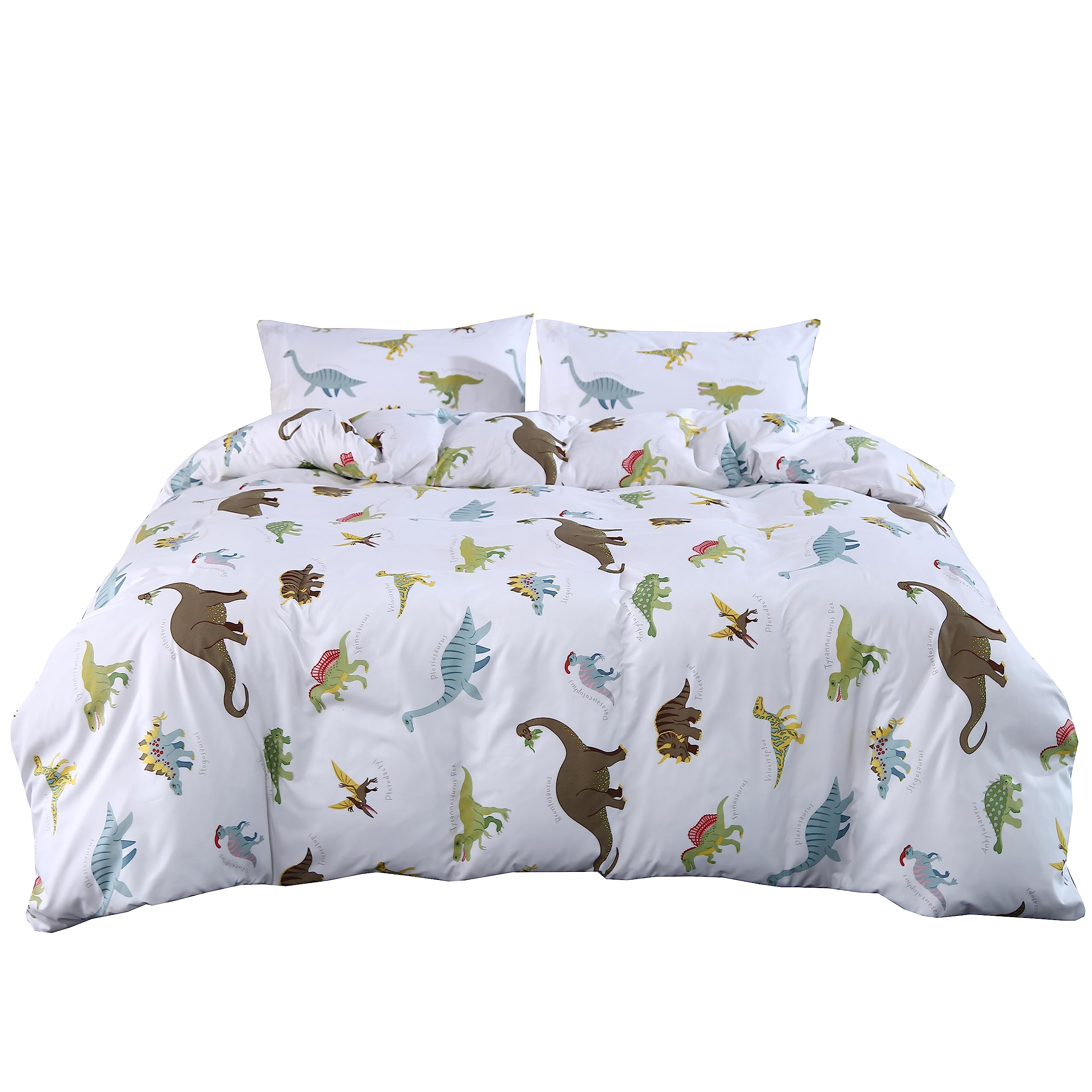 Mag 3Pcs Dinosaur Duvet Cover Set, Colorful Dino Full Size White Based Duvet Cover Set, For For Kids, Toddler, Teens Boys And Gi