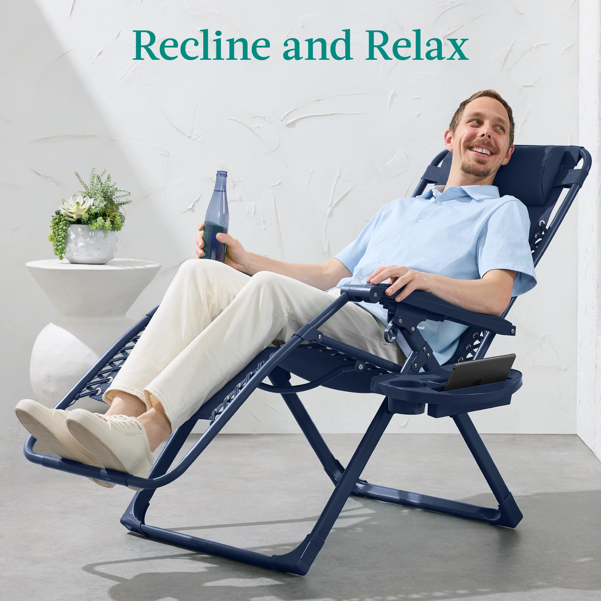 Best Choice Products Adjustable Zero Gravity Chair, Monochromatic Color Folding Patio Recliner W/Side Tray, Headrest - Navy