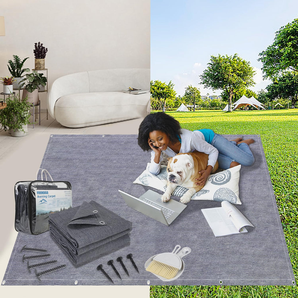 Foundgo Awning Carpet Hdpe Camping Outdoor Rug With Eyelets,Carry Bag,Nails,Broom,For Rv,Patio,Backyard,Picnic,Beach,Trailer 8'*
