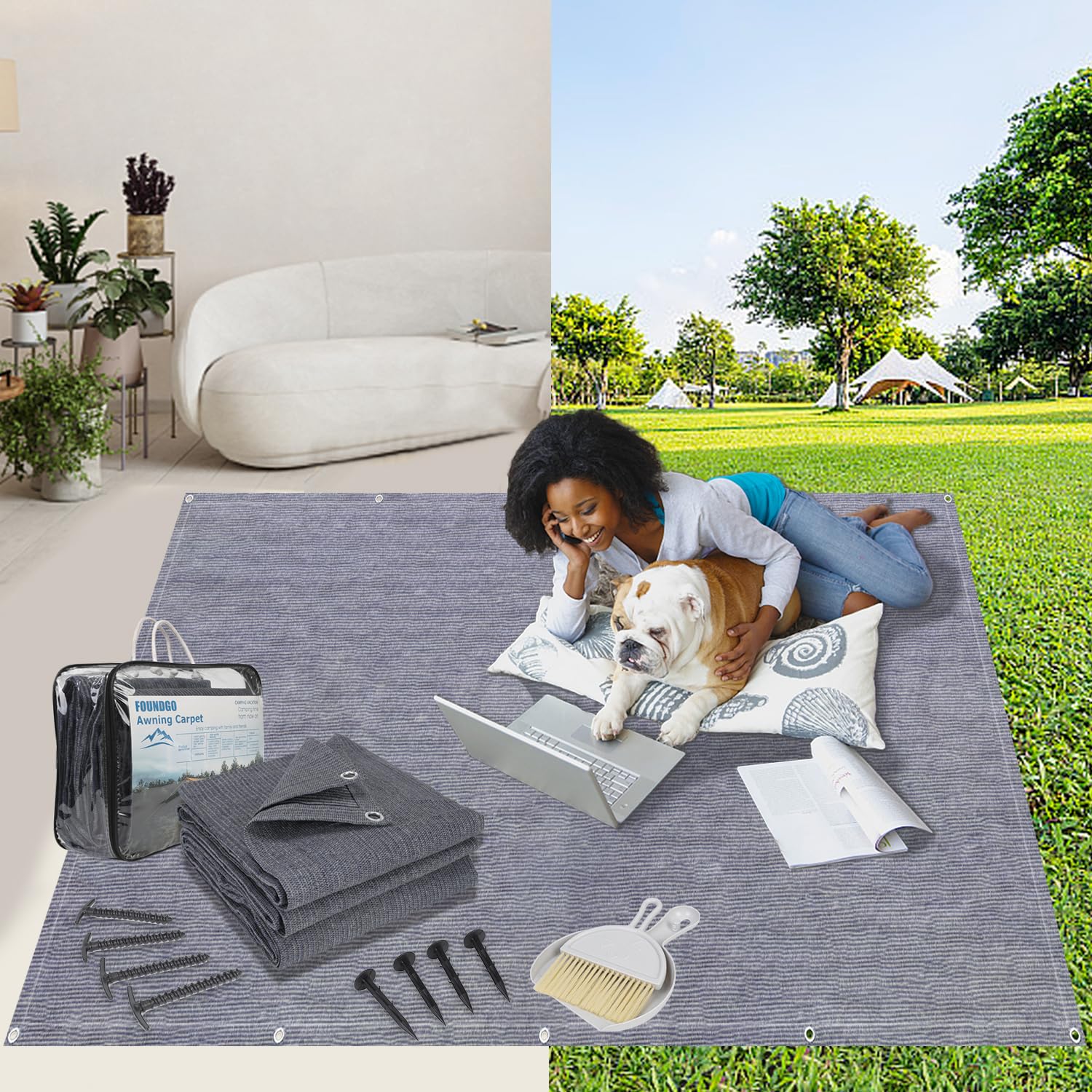 Foundgo Awning Carpet Hdpe Camping Outdoor Rug With Eyelets,Carry Bag,Nails,Broom,For Rv,Patio,Backyard,Picnic,Beach,Trailer 8'*