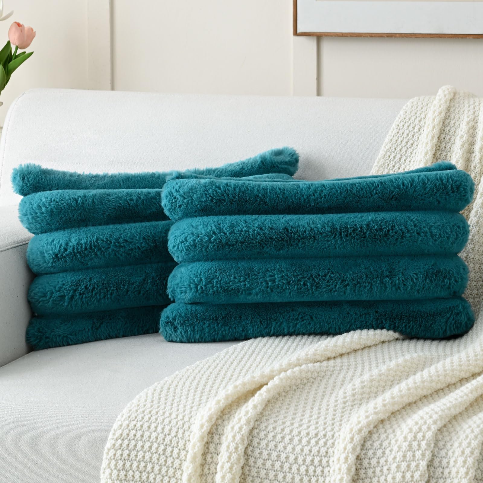 Futei Teal Decorative Throw Pillow Covers 12X20 Inch Set Of 2, Square Soft Faux Rabbit Fur Big Striped Cushion Cover,Home Decor