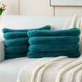 Futei Teal Decorative Throw Pillow Covers 12X20 Inch Set Of 2, Square Soft Faux Rabbit Fur Big Striped Cushion Cover,Home Decor