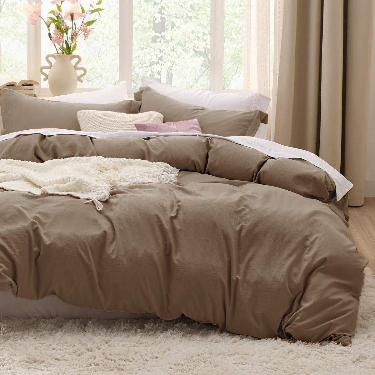 Bedsure Deep Khaki Duvet Cover Queen Size - Soft Prewashed Queen Duvet Cover Set, 3 Pieces, 1 Duvet Cover 90X90 Inches With Zipp