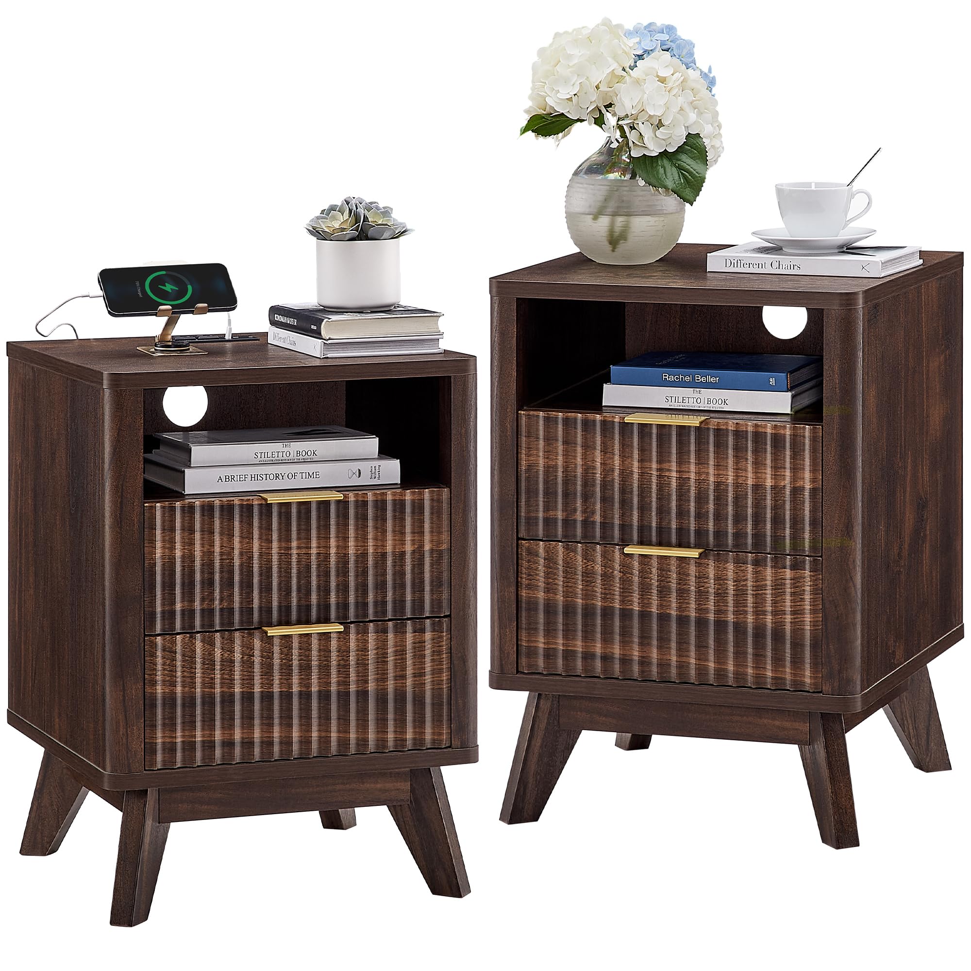 T4TREAM Fluted Nightstand Set of 2 with Charging Station, 18  Modern Side Table, 2 Drawers End Table with Storage, Bedside for B