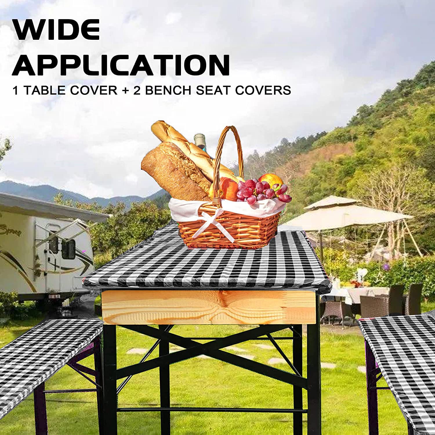 Bealy Picnic Table Cover With Bench Covers, 3 Piece Set Vinyl Tablecloth Waterproof Checkered Fitted Picnic Table Covers With Elastic Edge For Outdoor Indoor Patio Camping Party, 72X30 Inch