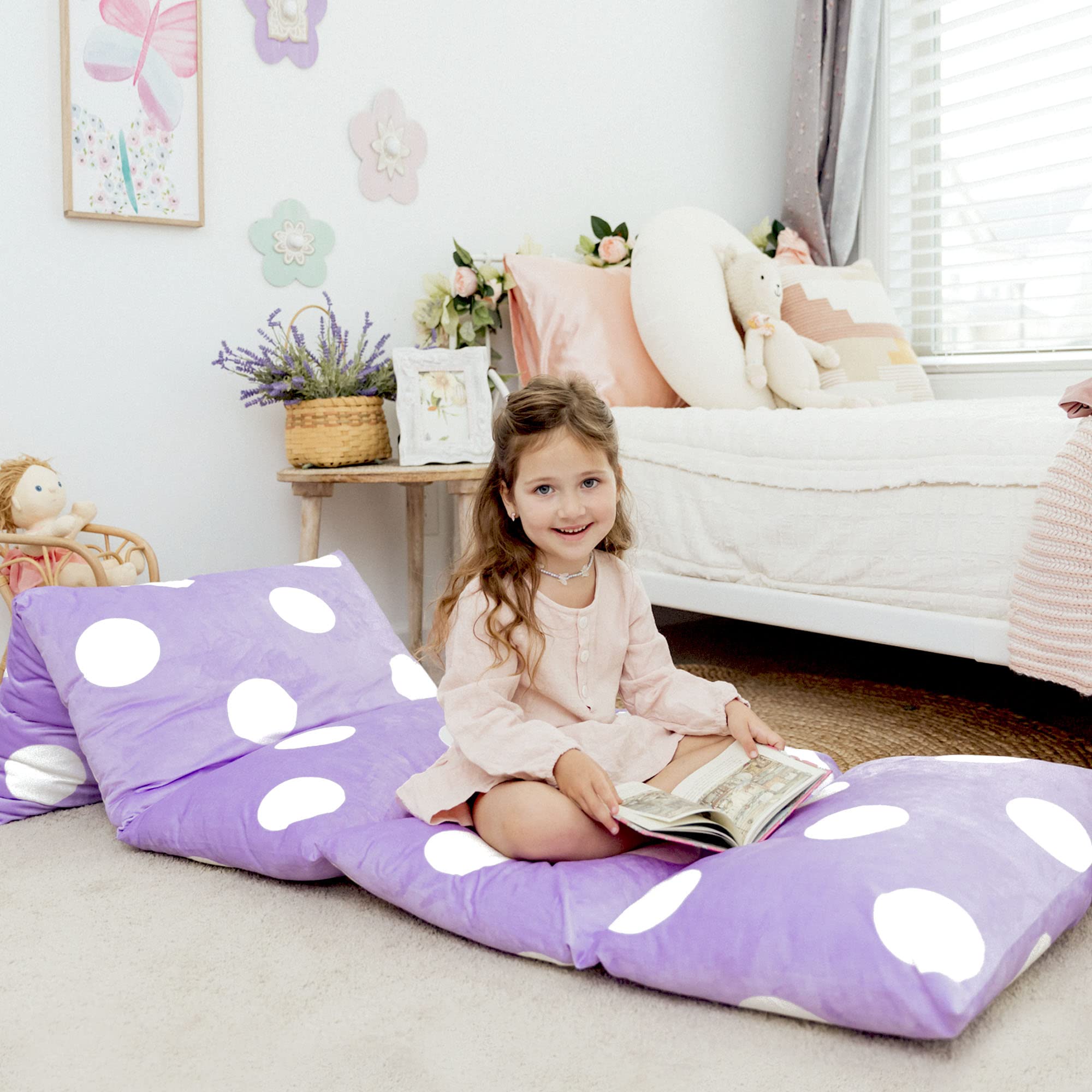 Butterfly Craze Floor Pillow Case, Mattress Bed Lounger Cover, Polka Purple, Queen Size - Cozy Seating Solution For Kids & Adult
