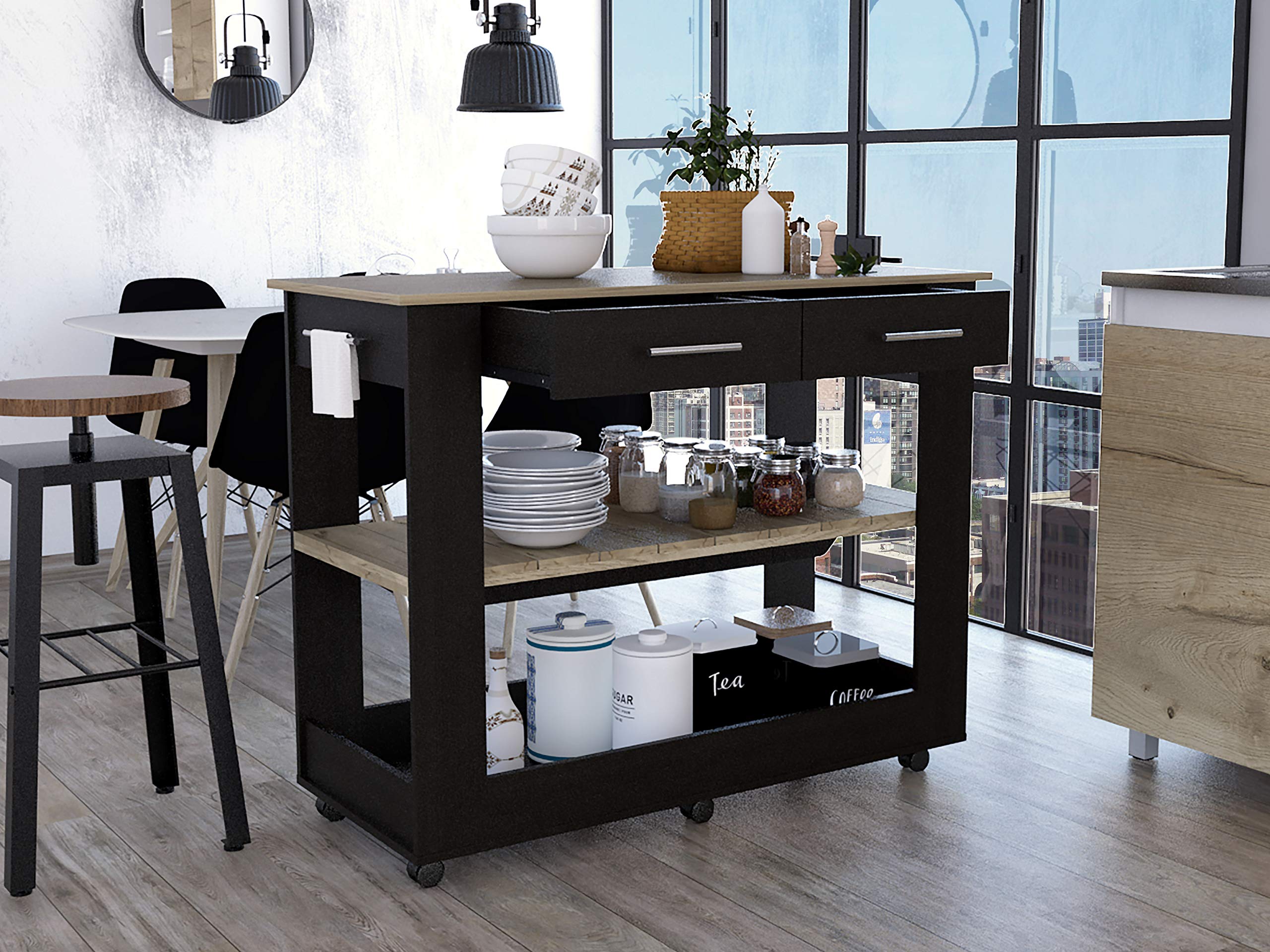 Fm Furniture Brooklyn 80 Kitchen Island, With Two Shelves And Two Drawers, Black. For Kitchen Room