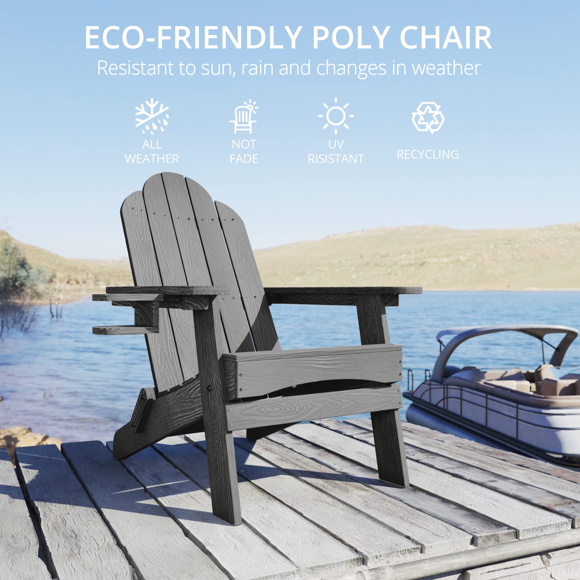 Lue Bona Folding Adirondack Chair Set Of 4, Dark Gray Hdps Fire Pit Patio Chairs Weather Resistant, Modern Plastic Outdoor Chairs With Cup Holder