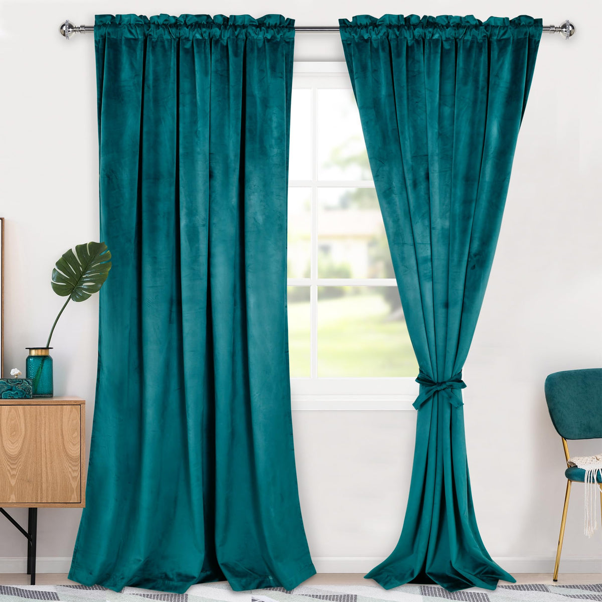 Hiasan Teal Velvet Curtains 96 Inch Blackout Rod Pocket Thermal Insulated Soft Curtains Room Darkening Window Drapes With Tiebac