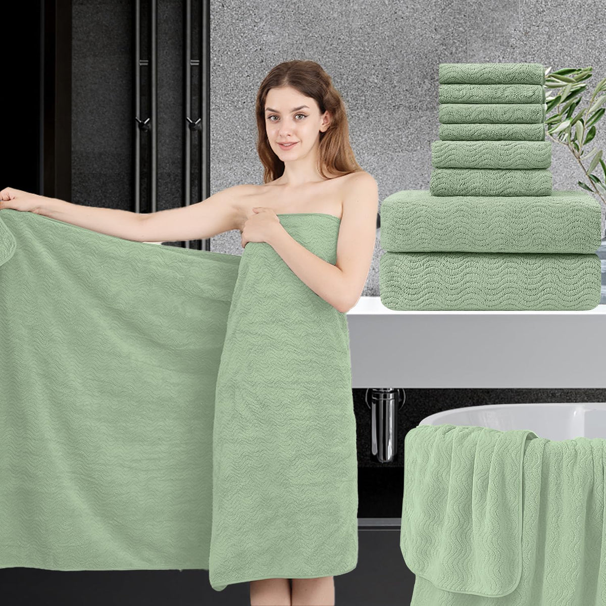 Jessy Home 8 Piece Bath Towel Set |2 Oversized Large Bath Sheet,2 Hand Towels,4 Washcloths| Soft Luxury Towel Set for Bathroom H