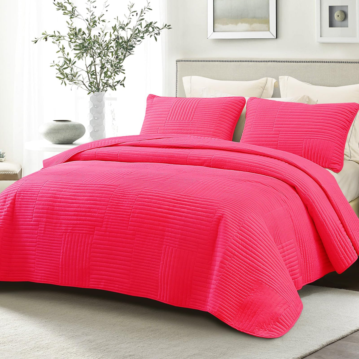 Whale Flotilla Ultra Soft Twin Quilt Bedding Set, Lightweight Fall Hot Pink Quilts Bedspreads Twin Size, Ultrasonic Geometric Co
