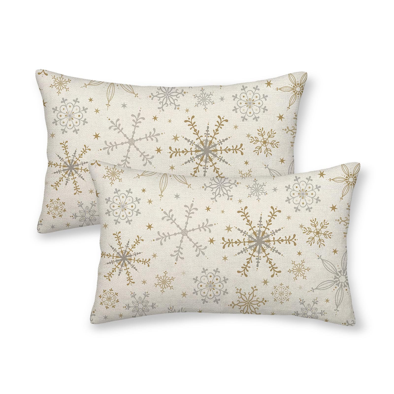 Ofird Christmas Pillow Covers 12X20 Pack Of 2, Gold Gray Snowflake Throw Pillow Covers Christmas Decorative Lumbar Pillowcase Wi
