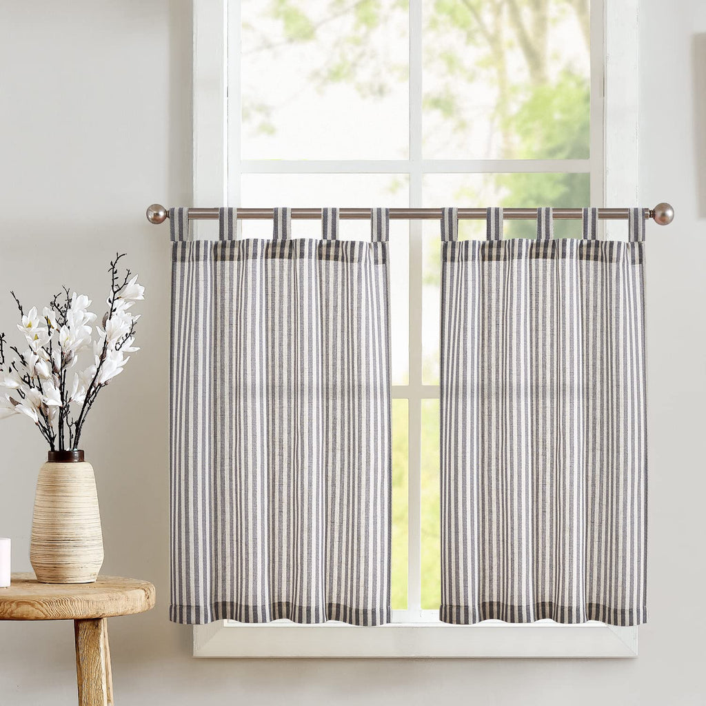 Jinchan Kitchen Curtains Linen Striped Tier Curtains 36 Inch Length Ticking Stripe Cafe Curtains Pinstripe Farmhouse Small Window Curtains Tab Top For Living Room Bathroom Rv 2 Panels Black On Beige