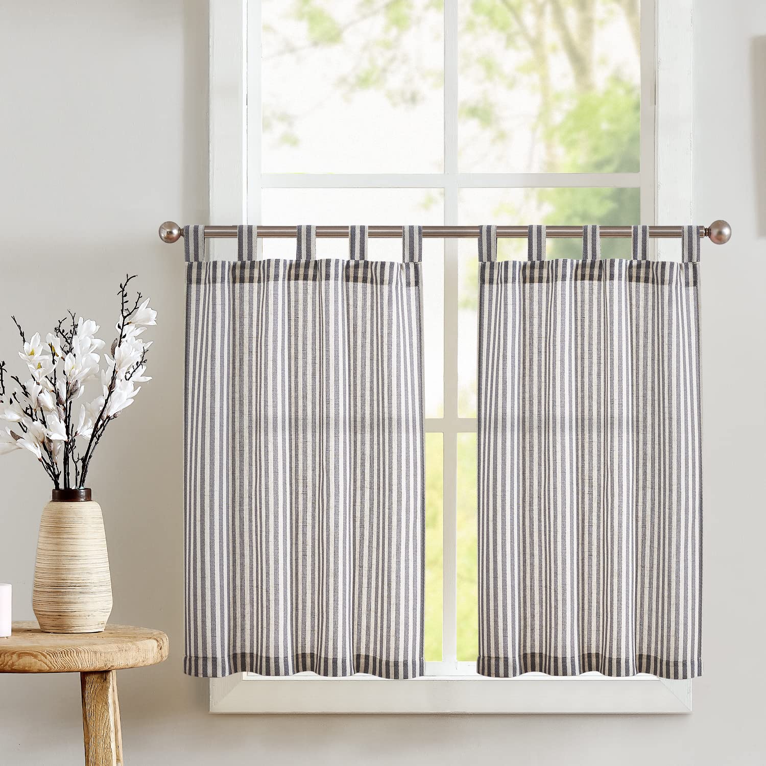 Jinchan Kitchen Curtains Linen Striped Tier Curtains 36 Inch Length Ticking Stripe Cafe Curtains Pinstripe Farmhouse Small Window Curtains Tab Top For Living Room Bathroom Rv 2 Panels Black On Beige
