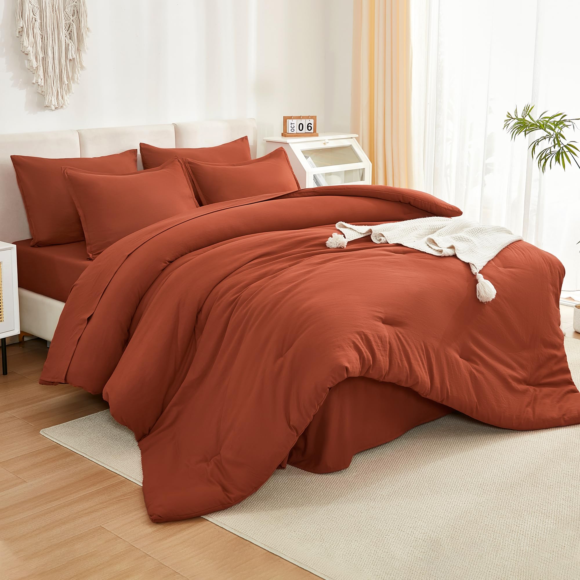 Litanika Burnt Orange Comforter Queen Size Set - 7 Pieces Terracotta Bed In A Bag Queen Beddding Comforter Sets, Plain Lightweig