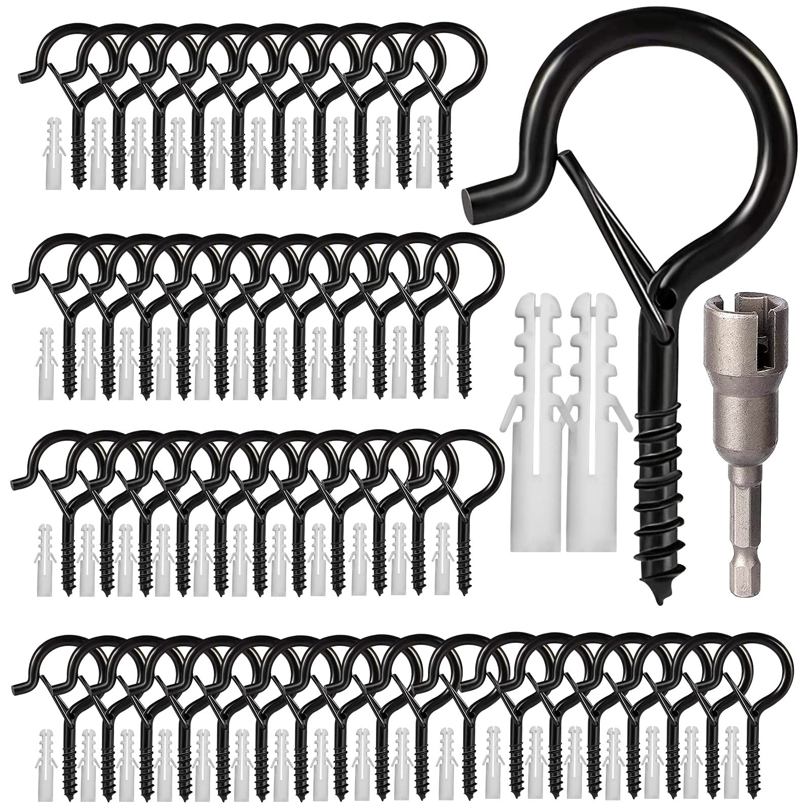 Hooks For Outdoor String Lights, 52 Pack Screw Hooks For Hanging Plants Led Party Lights Garage Wind Chimes, Black Heavy Duty Q
