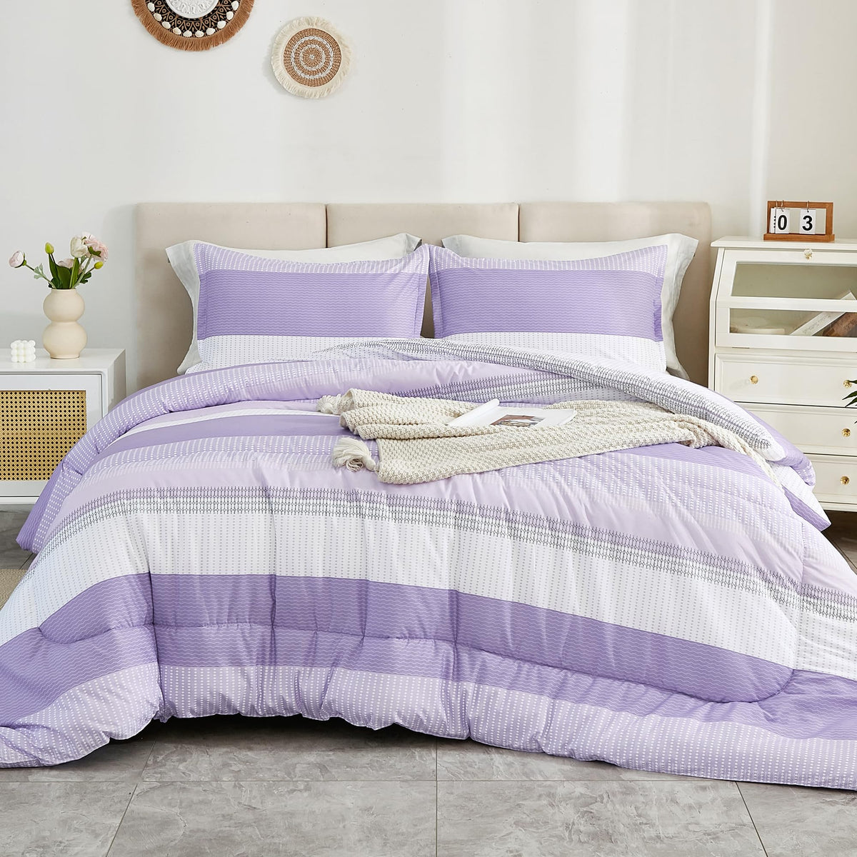 Litanika Lavender Purple Comforter Set Full Size, 3 Pieces Girls Women Lightweight Bedding Comforter Set, All Season Purple Whit