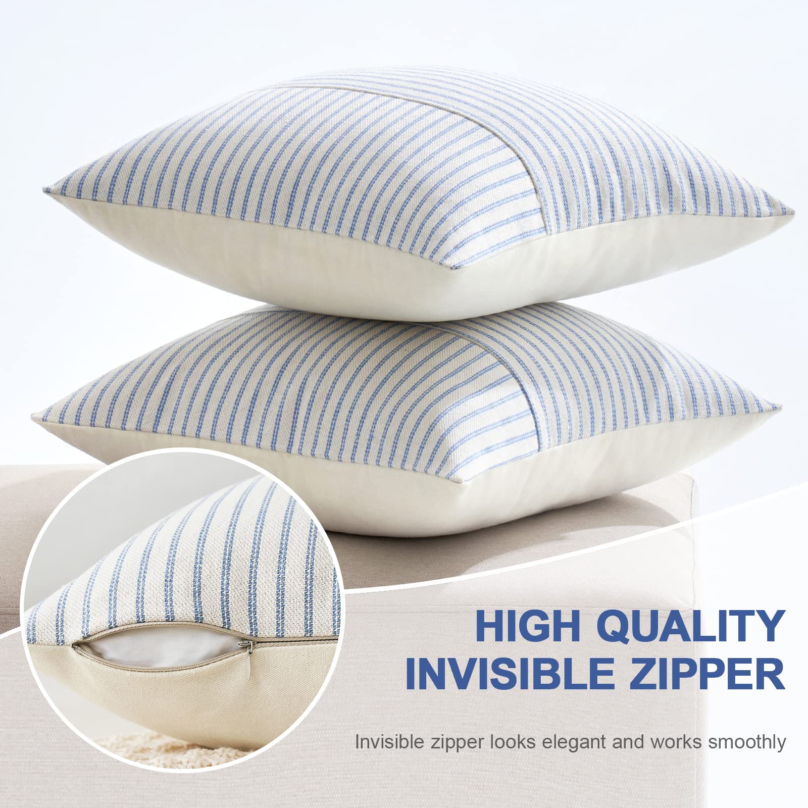 Miulee Light Blue And Beige Patchwork Farmhouse Pillow Covers 18X18 Inch, Pack Of 2 Striped Linen Spring Decorative Modern Accent Pillow Cases For Sofa Couch Bedroom