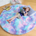 Amdrebio Blue Purple Rainbow Rugs for Girls Bedroom 4x4, Fluffy Round Rug for Kids Room Decor, Cute Mermaid Shag Carpet for Nurs