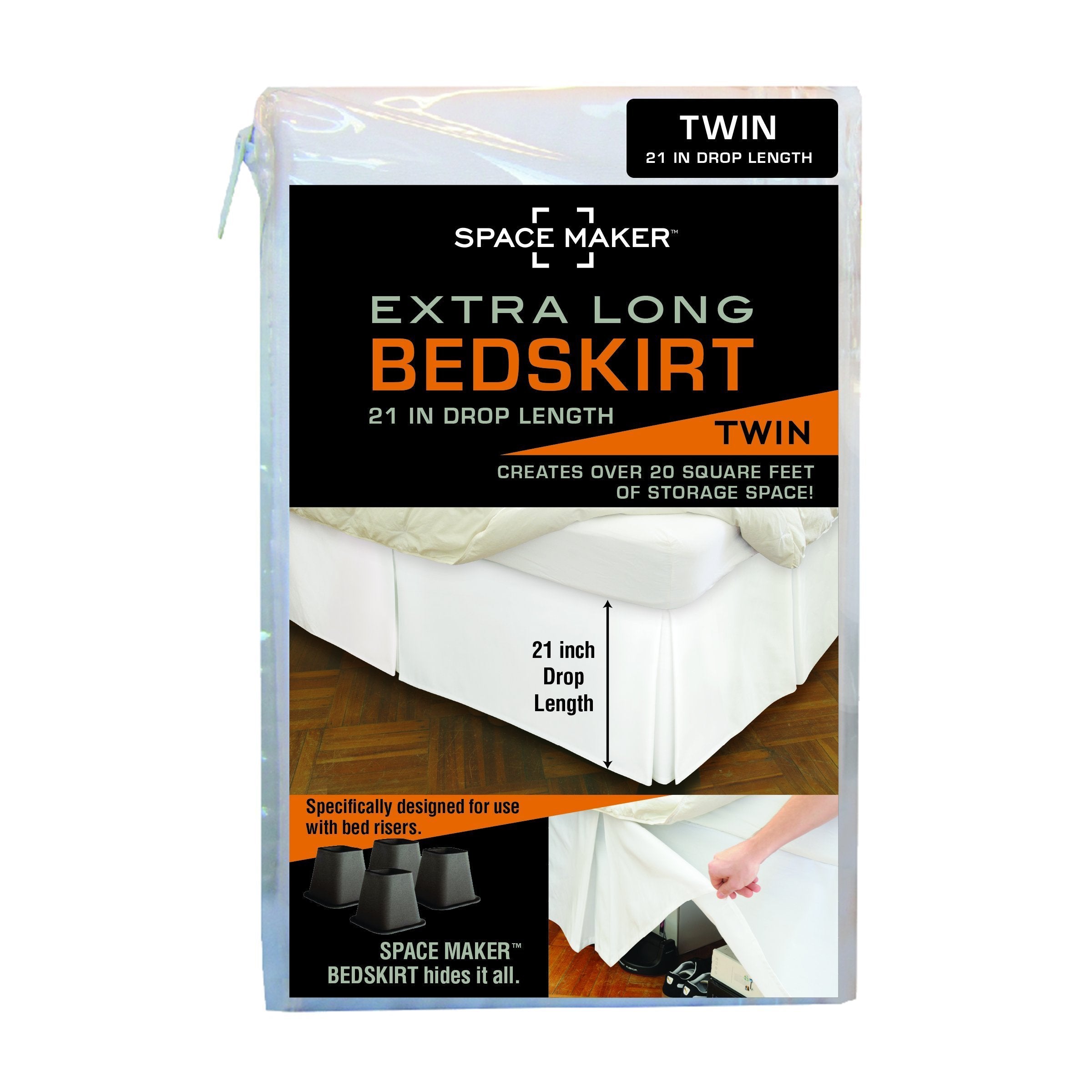 Spacemaker Extra-Long 21'' Drop Length Bed Skirt, Twin, White