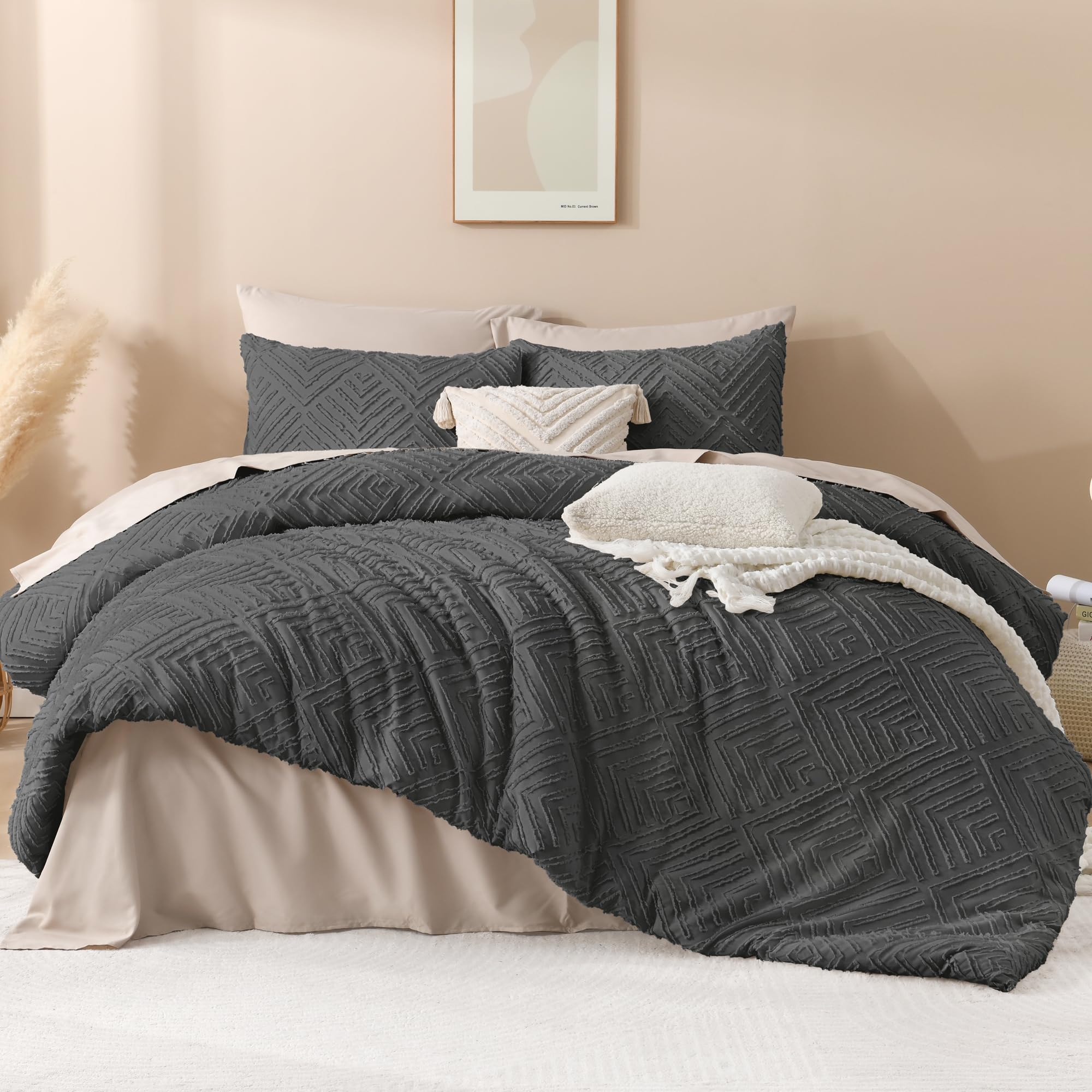 Andency Dark Grey Comforter Set King Size, 3 Pieces Gray Boho Bedding Set & Collections, Farmhouse Tufted Fluffy Bedding Comforter Sets For King Bed (1 Comforter 104X90In, 2 Pillowcases)