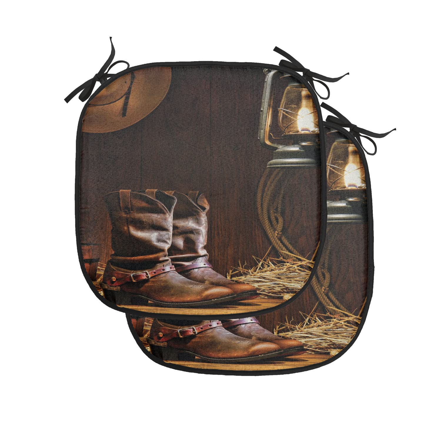 Lunarable Western Chair Cushion Pads Set Of 2, Traditional Leather Working Roper Boots In Vintage Ranch Barn Rustic Themed Image