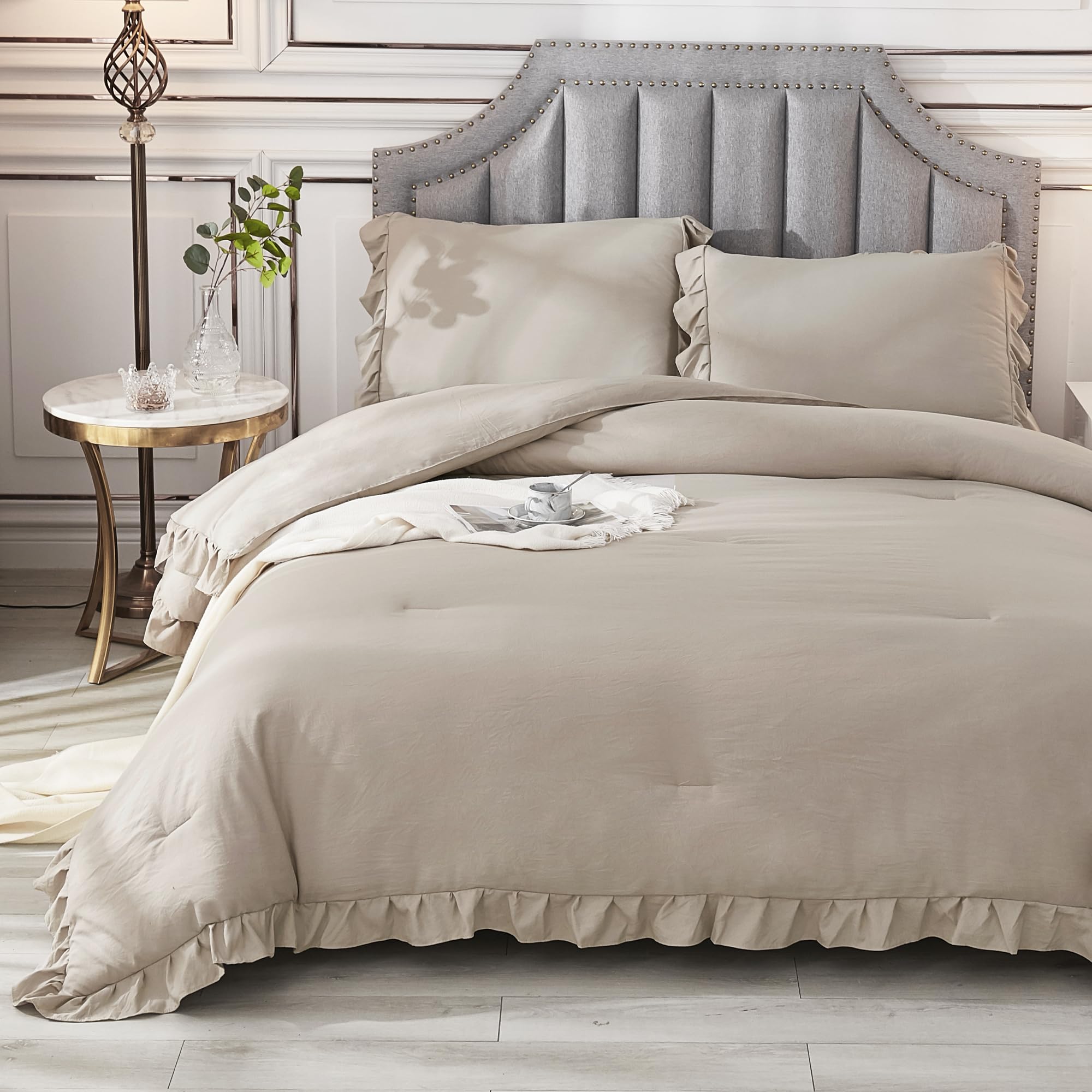 Andency Wheat Ruffle Comforter Set, 2 Pieces Kids Comforter Set Twin(66X90Inch), Farmhouse Shabby Chic Comforter Set, Soft Microfiber Kids Bedding Set