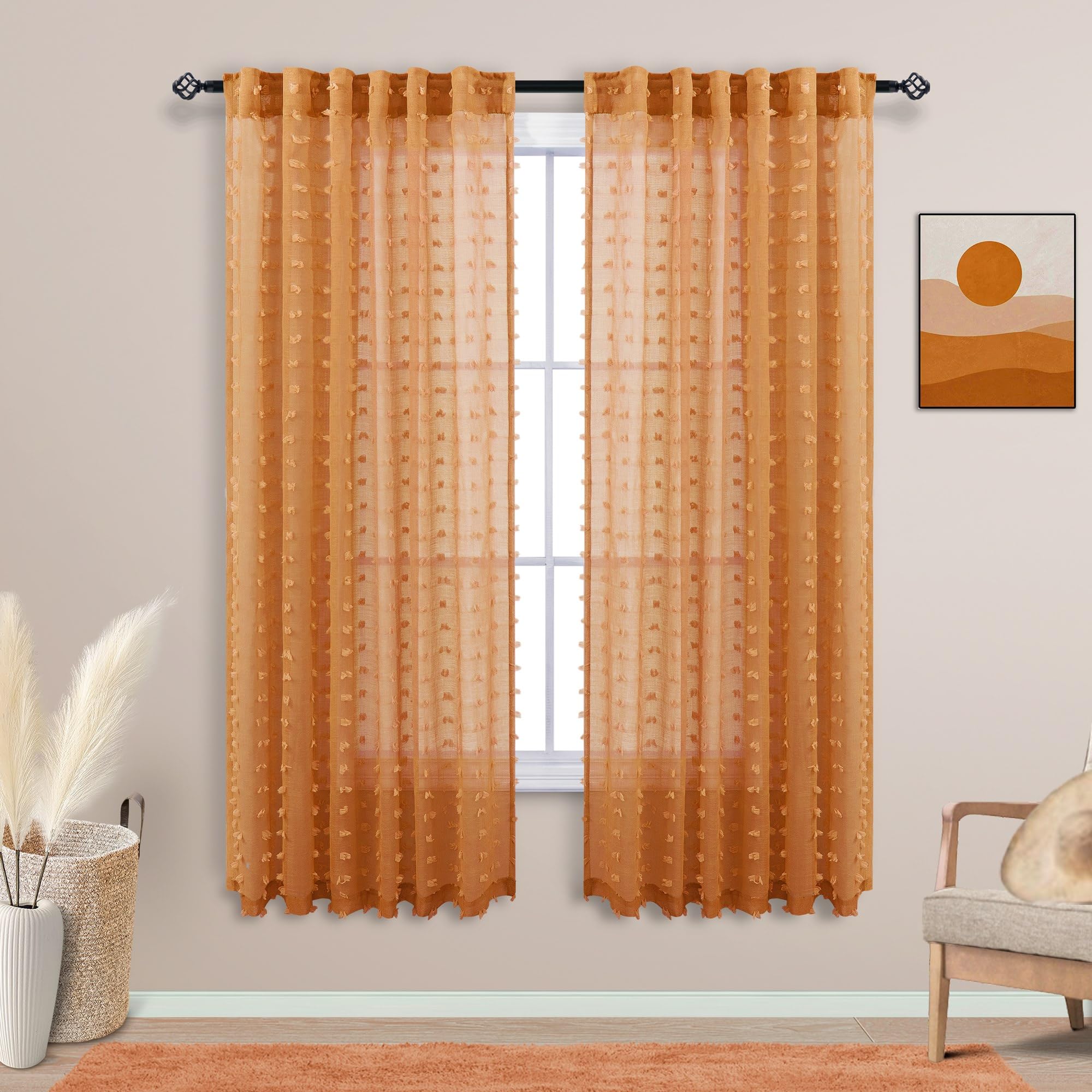 Koufall Burnt Orange Back Tab Rod Pocket Pom Pom Sheer Curtains For Living Room 52X63 Inches Long