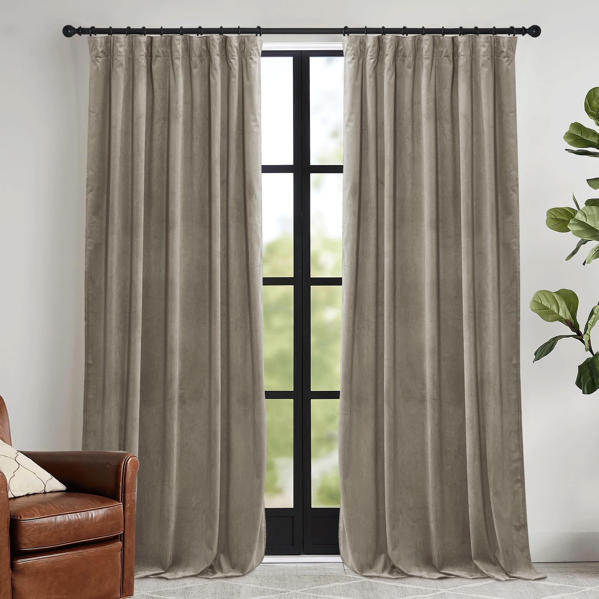 Ryb Home Taupe Velvet Curtains With Hook Tape, Back Tab Thermal Insulated Privacy Protect Decorative Drapes For Bedroom Home Off