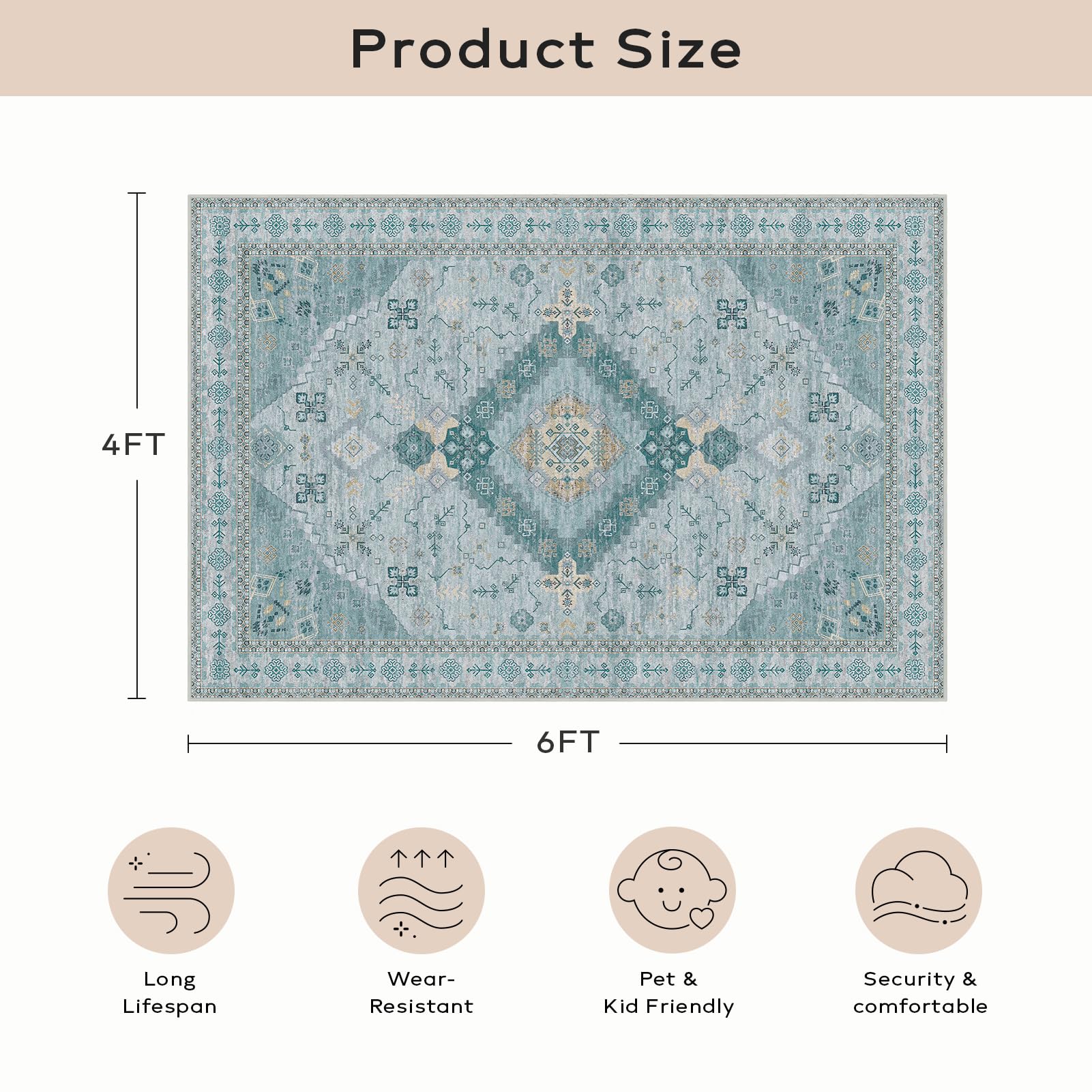 Ashler Vintage Rugs, 4X6 Boho Rug, Rugs For Living Room, Bedroom, Kitchen, Dinner, Light Cyan/Blue Home Decor, Non-Slip & Machin