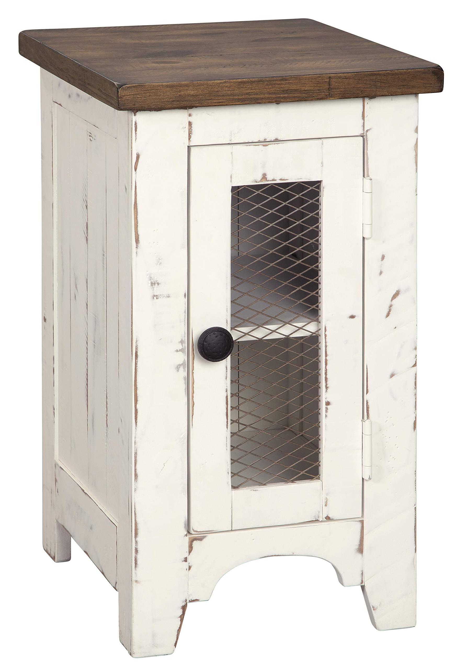 Benjara Two Tone Chair Side End Table With Wire Metal Grill Cabinet, White And Brown