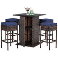 Tangkula 5 Piece Outdoor Rattan Bar Set, Patio Bar Furniture With 4 Cushions Stools And Smooth Top Table With Hidden Storage Shelf, Outdoor Conversation Set For Poolside, Backyard, Lawn (Navy Blue)