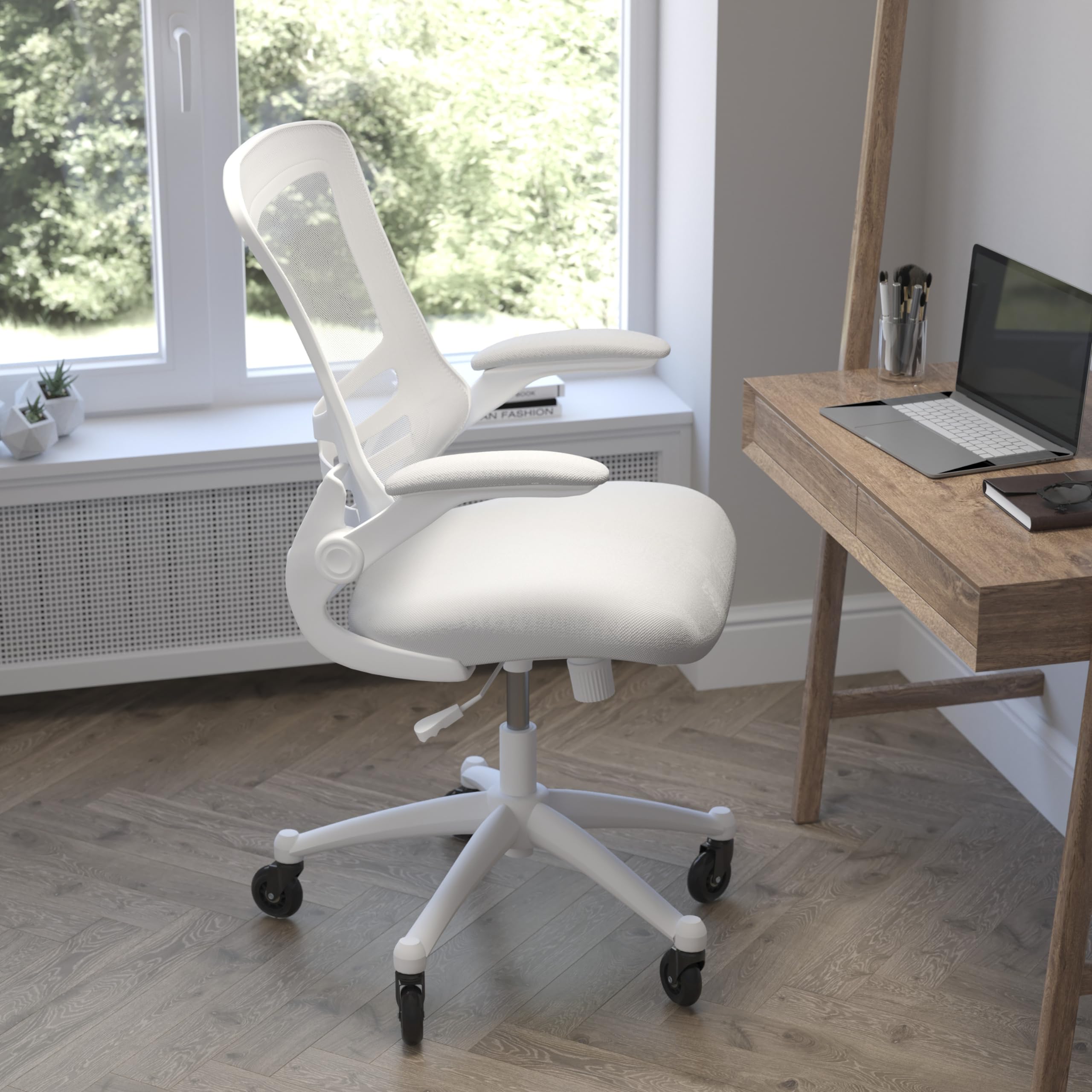 Flash Furniture Kelista Mid-Back Light Gray Mesh Swivel Ergonomic Task Office Chair With White Frame, Flip-Up Arms, And Transparent Roller Wheels