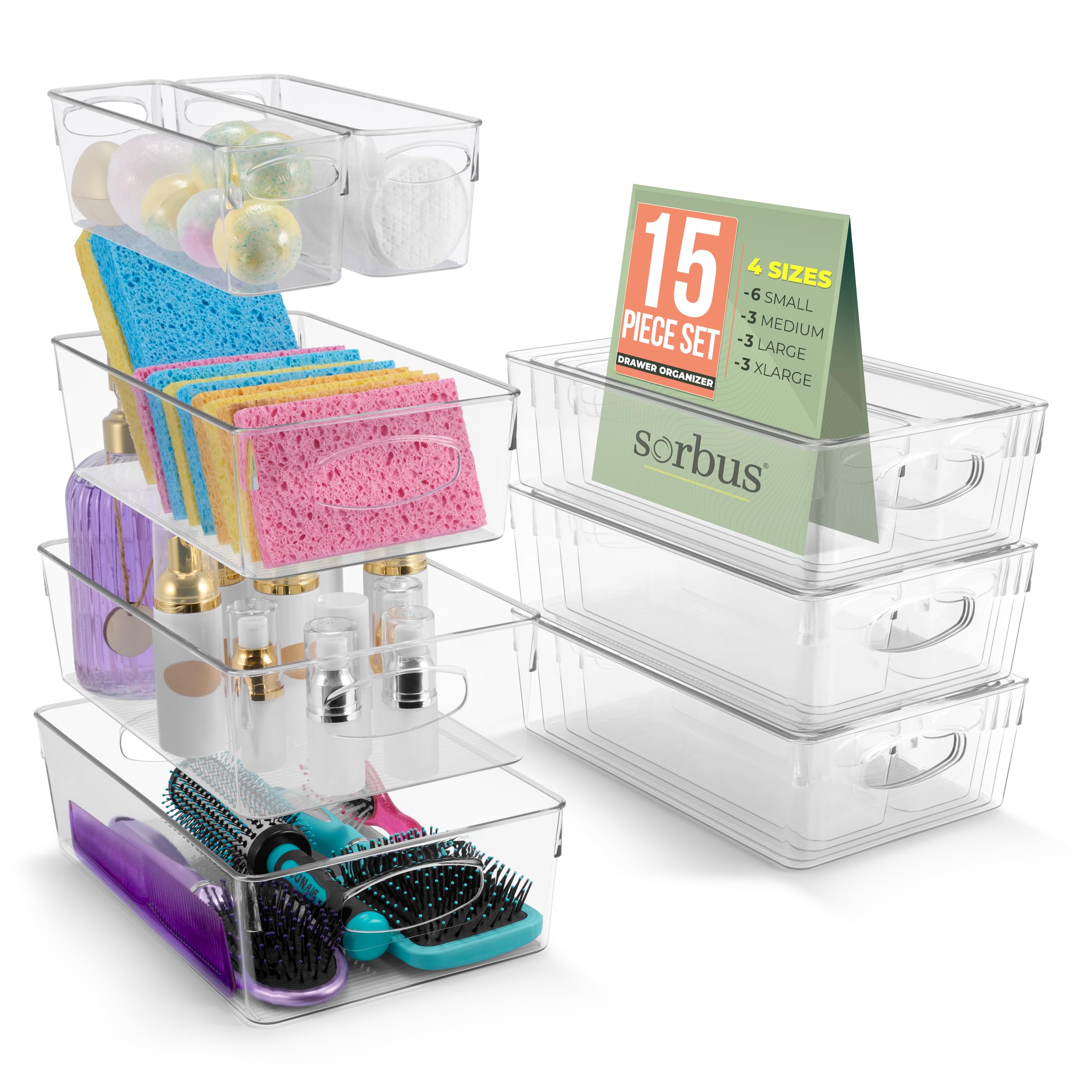 Sorbus Clear Plastic Storage Bins for Organizing, 15 Pack Clear Organizer Bins with Handles, Plastic Storage Bins for Closet, Pa