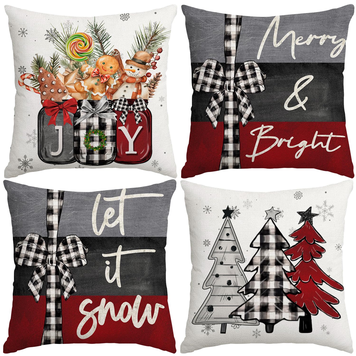 Artmag 20X20 Inch Christmas Throw Pillow Covers Merry Christmas Joy Xmas Trees Red And Black Decorative Winter Holiday Cushion C