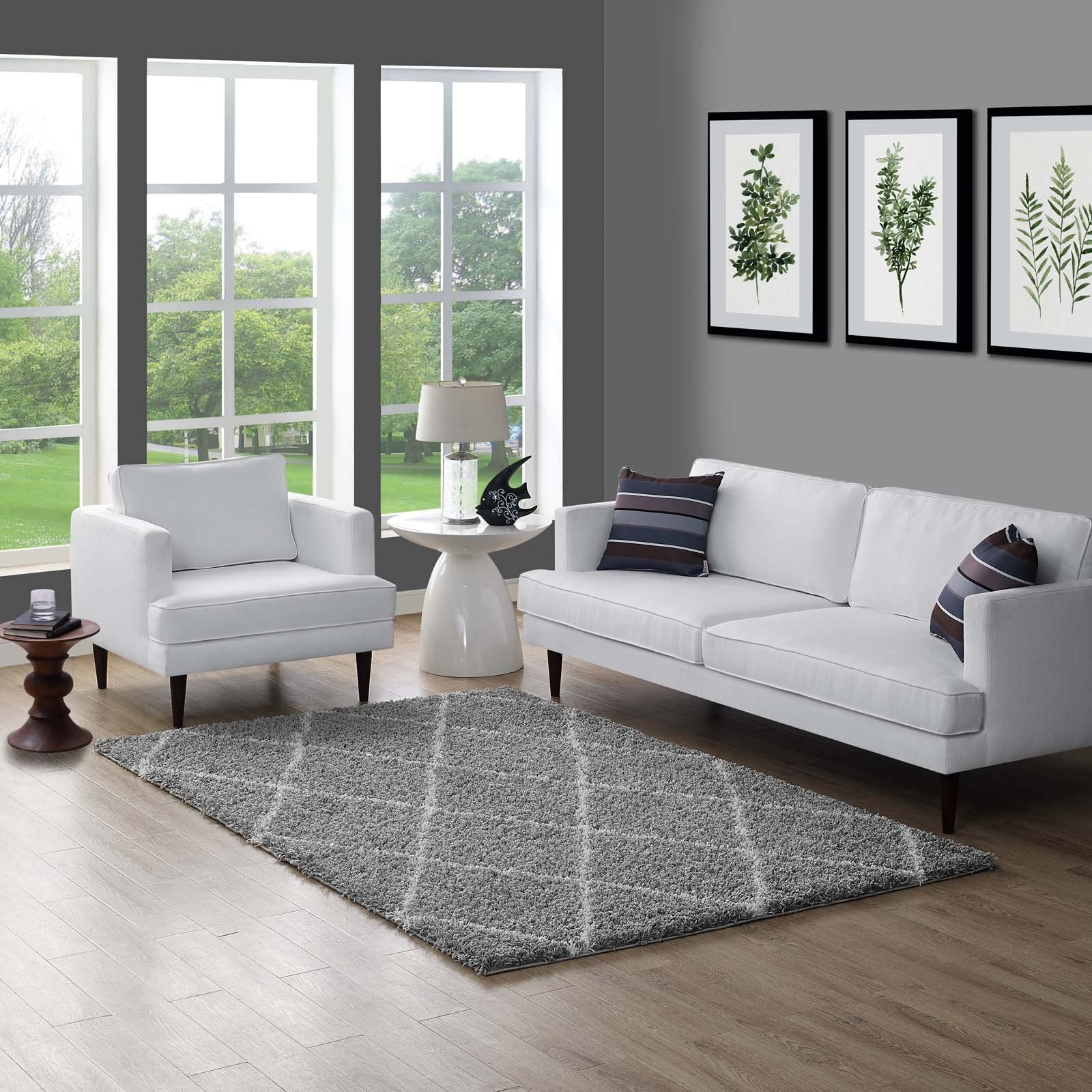 Modway Toryn Diamond Trellis 5X8 High Pile Shag Area Rug With Lattice Design In Gray And Ivory