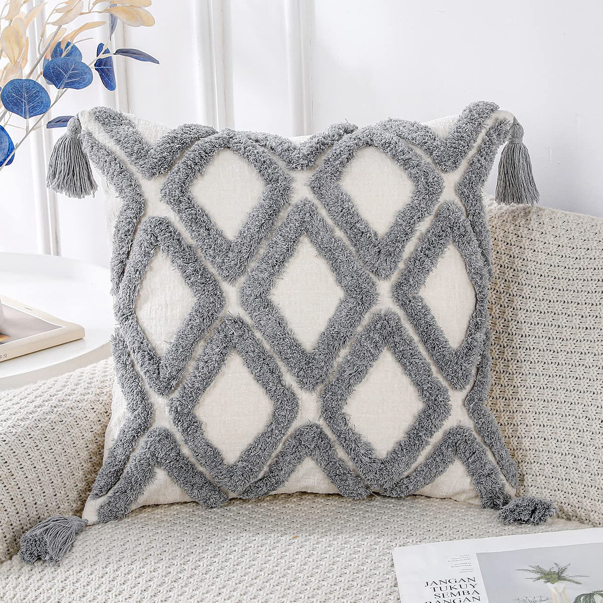 Panod Super Soft Farmhouse Decorative Plush Throw Pillow Covers 20 X 20 Grey,Solid Diamond Pattern Tufted With Tassels Modern Ac