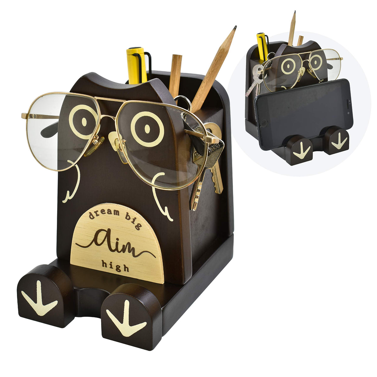 I'M Wood Multipurpose Eyeglass Phone Pen & Pencil Holder Stand Stationery Desk Box Organizer Accessories, Home Office Desktop De