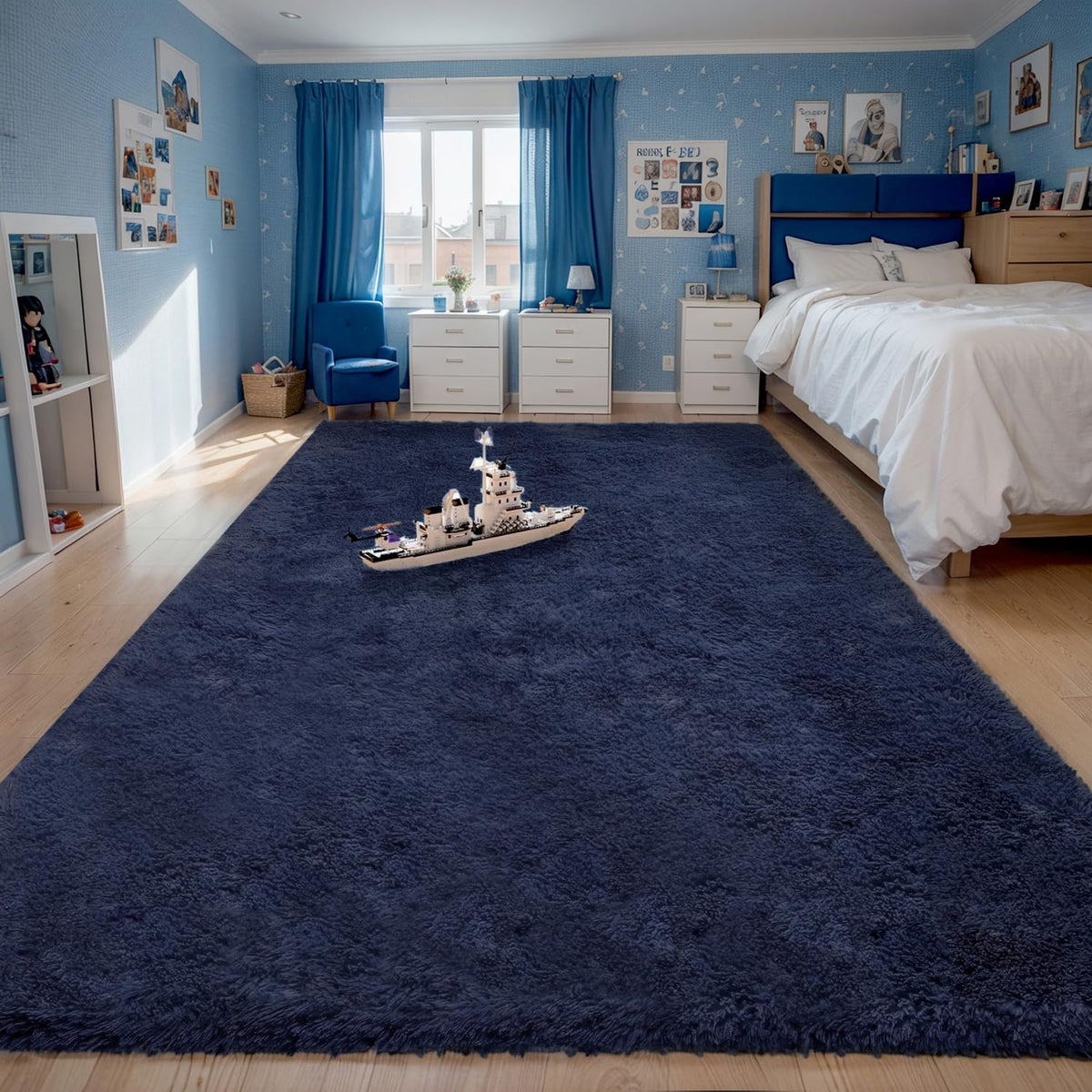 Poboton Area Rugs for Bedroom Living Room, 4X6 Ft Blue Fluffy Washable Rug, Modern Shaggy Carpets Fuzzy Rug for Kids Boys Girls 