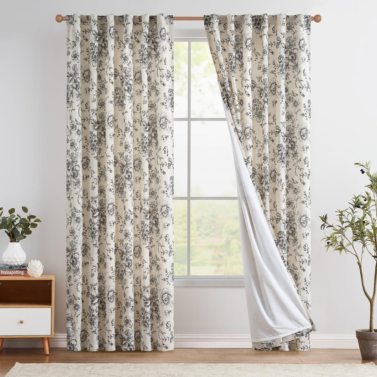 Jinchan Lined Linen Curtains Floral Curtains For Living Room 96 Inches Long Black Peony Flower Printed Curtains Rod Pocket Back