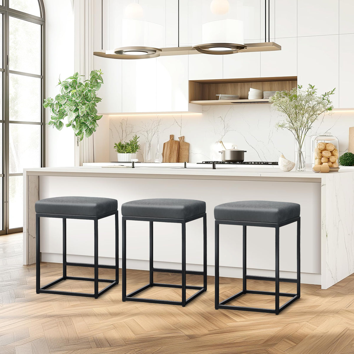 Maison Arts Black Counter Height 24' Bar Stools Set Of 3 For Kitchen Counter Backless Modern Square Bartools Upholstered Faux Leather Stools Farmhouse Island Chairs, (24 Inch,Black)